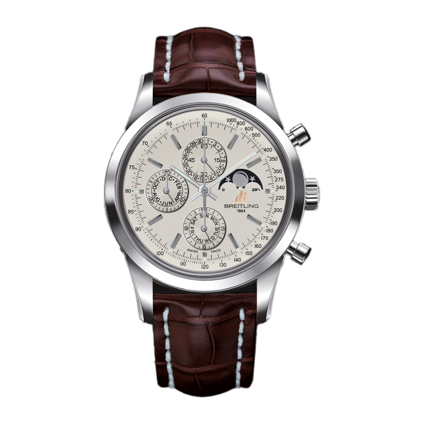 The silvery dial fake watch has moon phase.